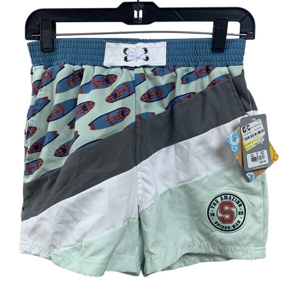 NWT New Disney Marvel Spiderman Boys Size 13 Webbing Lined UPF 50+ Swim Trunks - Picture 1 of 3